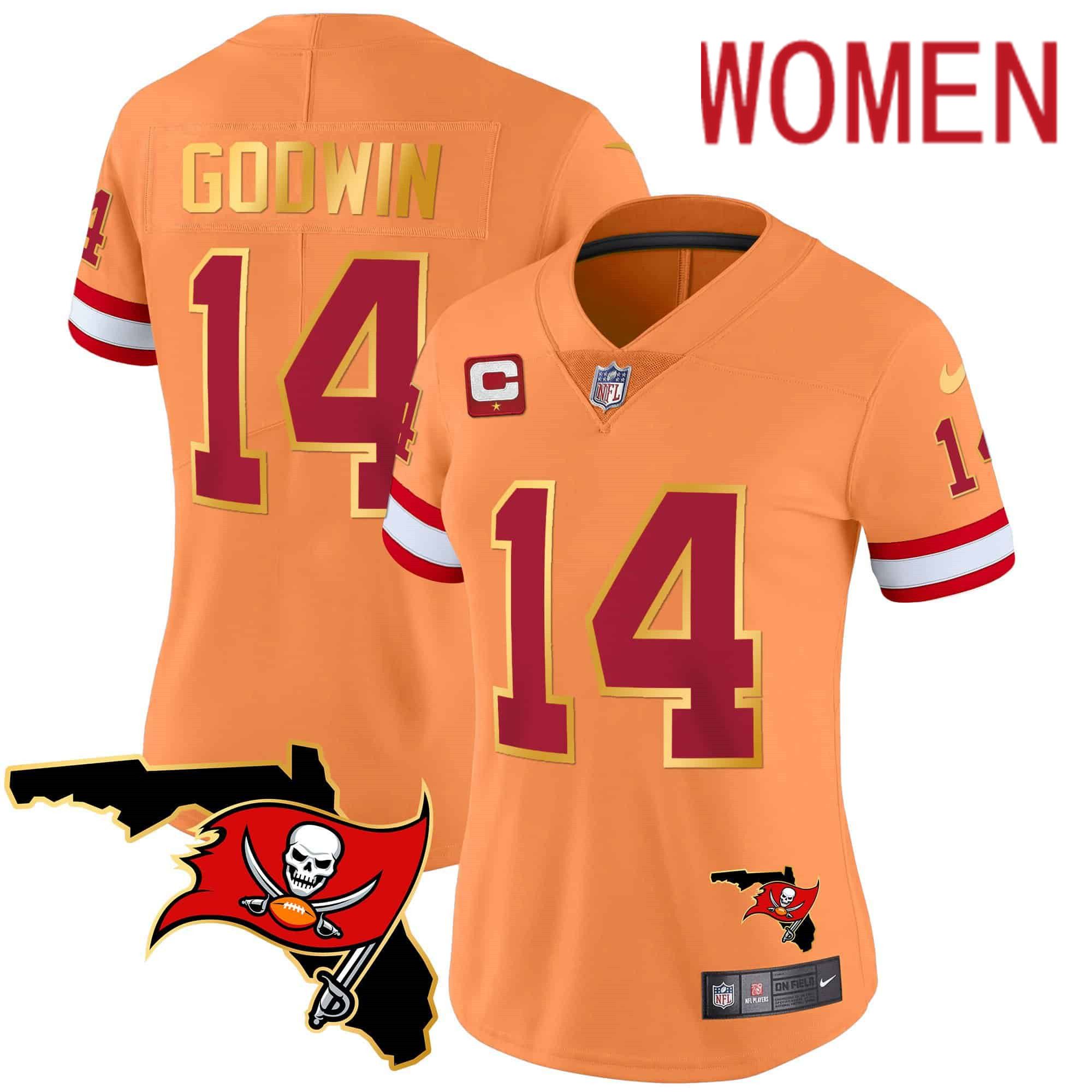 Women Tampa Bay Buccaneers 14 Godwin Oragne 2024 Nike Florida Patch Gold Trim Vapor NFL Jersey
